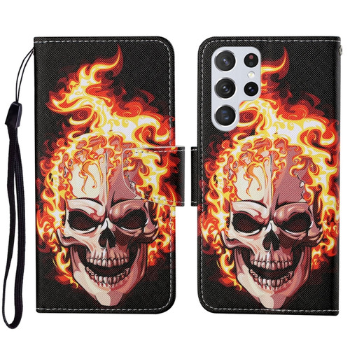 Samsung Galaxy S23 Ultra 5G Colored Drawing Pattern Leather Phone Case - Flame Skull