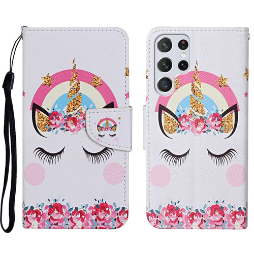 Samsung Galaxy S23 Ultra 5G Colored Drawing Pattern Leather Phone Case - Crown Unicorn