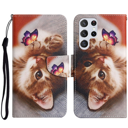 Samsung Galaxy S23 Ultra 5G Colored Drawing Pattern Leather Phone Case - Butterfly Cat