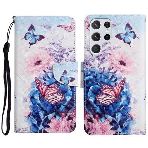 Samsung Galaxy S23 Ultra 5G Colored Drawing Pattern Leather Phone Case - Purple Butterfly