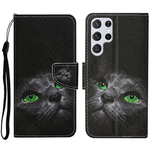 Samsung Galaxy S23 Ultra 5G Colored Drawing Pattern Leather Phone Case - Black Cat