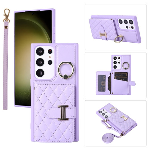Samsung Galaxy S23 Ultra 5G Horizontal Card Bag Ring Holder Phone Case with Dual Lanyard - Purple