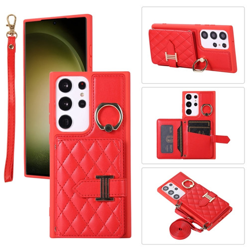 Samsung Galaxy S23 Ultra 5G Horizontal Card Bag Ring Holder Phone Case with Dual Lanyard - Red