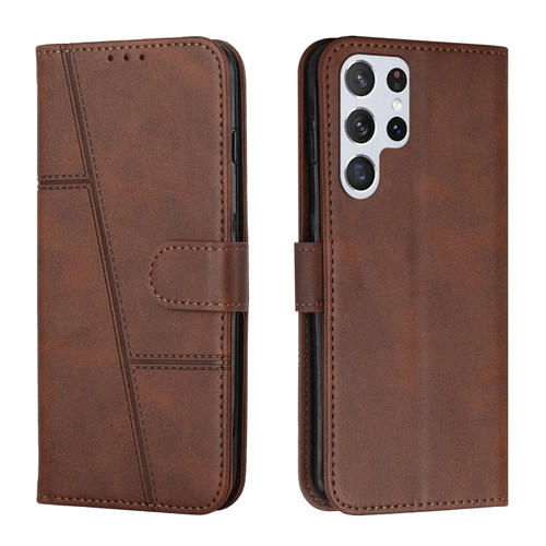 Samsung Galaxy S23 Ultra 5G Stitching Calf Texture Buckle Leather Phone Case - Brown