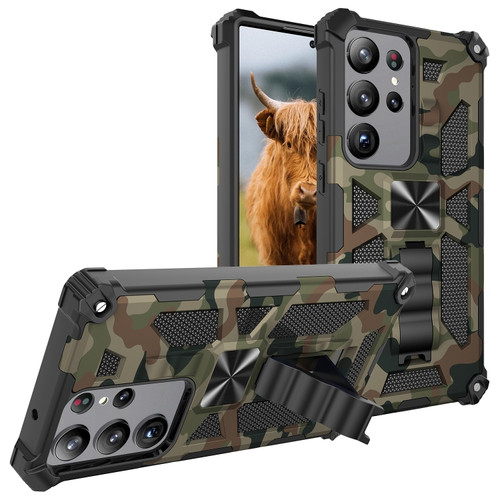 Samsung Galaxy S23 Ultra 5G Camouflage Armor Kickstand TPU + PC Magnetic Phone Case - Army Green