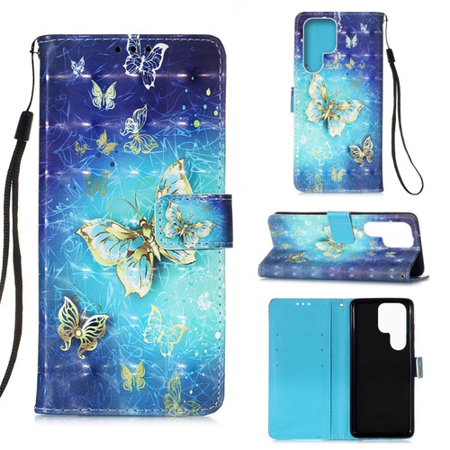 Samsung Galaxy S23 Ultra 5G 3D Painting Horizontal Flip Leather Phone Case - Golden Butterfly