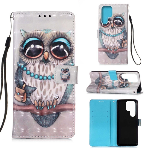 Samsung Galaxy S23 Ultra 5G 3D Painting Horizontal Flip Leather Phone Case - Grey Owl