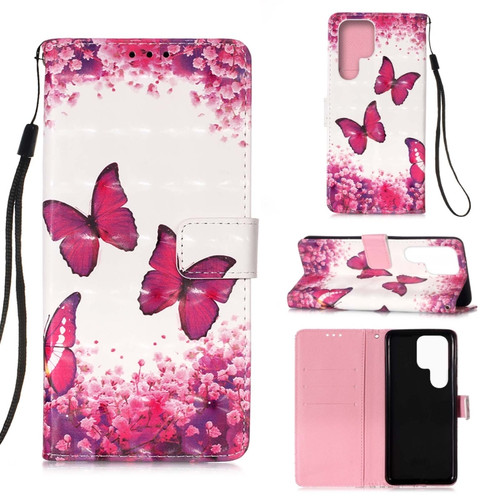 Samsung Galaxy S23 Ultra 5G 3D Painting Horizontal Flip Leather Phone Case - Rose Butterfly