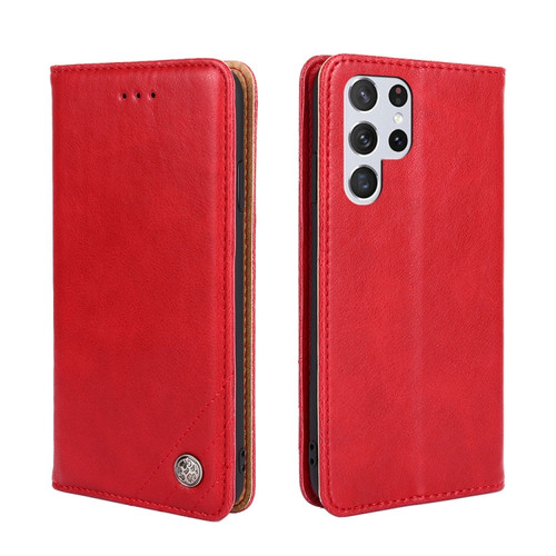 Samsung Galaxy S23 Ultra 5G Non-Magnetic Retro Texture Flip Leather Phone Case - Red