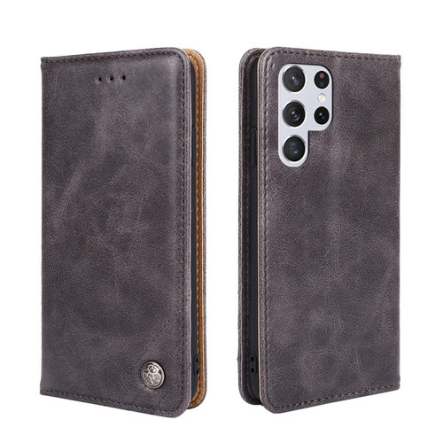 Samsung Galaxy S23 Ultra 5G Non-Magnetic Retro Texture Flip Leather Phone Case - Grey