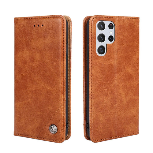 Samsung Galaxy S23 Ultra 5G Non-Magnetic Retro Texture Flip Leather Phone Case - Brown