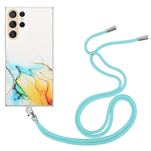 Samsung Galaxy S23 Ultra 5G Hollow Marble Pattern TPU Shockproof Phone Case with Neck Strap Rope - Yellow