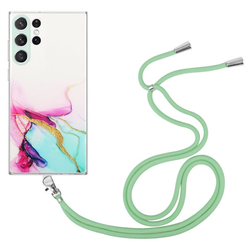 Samsung Galaxy S23 Ultra 5G Hollow Marble Pattern TPU Shockproof Phone Case with Neck Strap Rope - Green