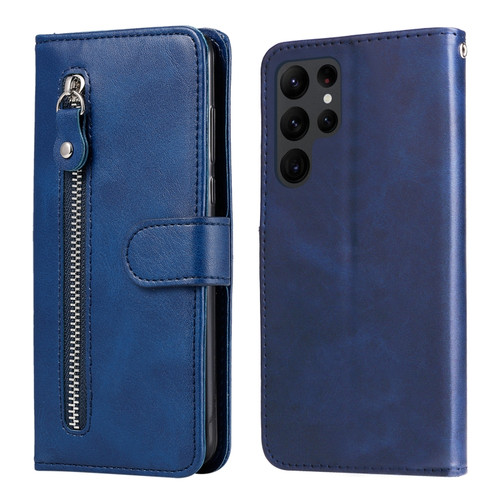 Samsung Galaxy S23 Ultra 5G Calf Texture Zipper Leather Phone Case - Blue