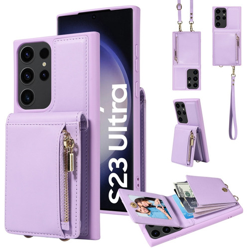 Samsung Galaxy S23 Ultra 5G Crossbody Lanyard Zipper Wallet Leather Phone Case - Purple