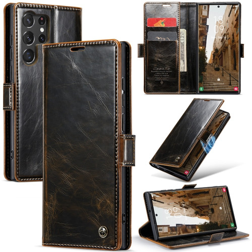 Samsung Galaxy S23 Ultra 5G CaseMe 003 Crazy Horse Texture Leather Phone Case - Coffee