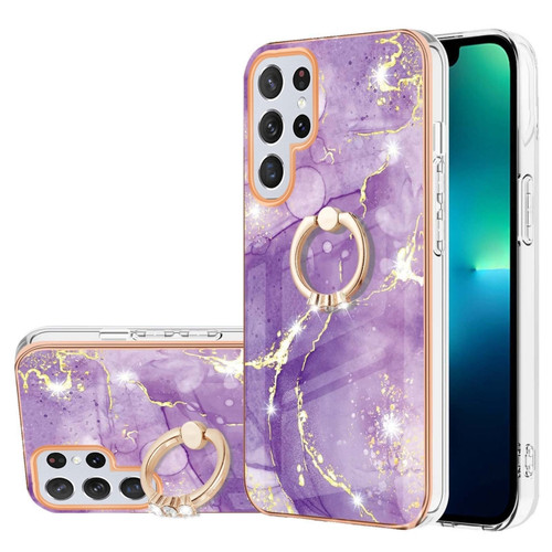 Samsung Galaxy S23 Ultra 5G Electroplating Marble IMD TPU Phone Case with Ring Holder - Purple 002