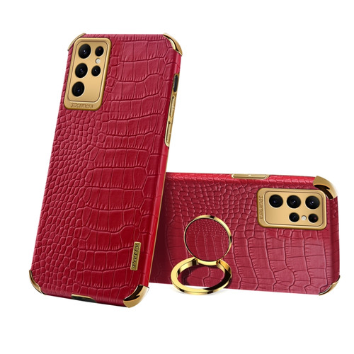 Samsung Galaxy S23 Ultra 5G 6D Electroplating Crocodile Texture Phone Case With Holder - Red