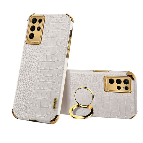 Samsung Galaxy S23 Ultra 5G 6D Electroplating Crocodile Texture Phone Case With Holder - White