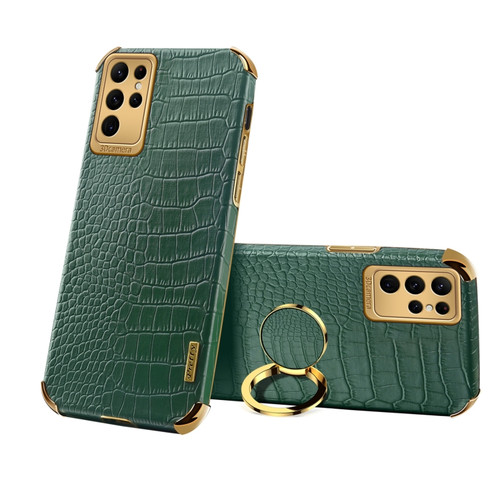 Samsung Galaxy S23 Ultra 5G 6D Electroplating Crocodile Texture Phone Case With Holder - Green
