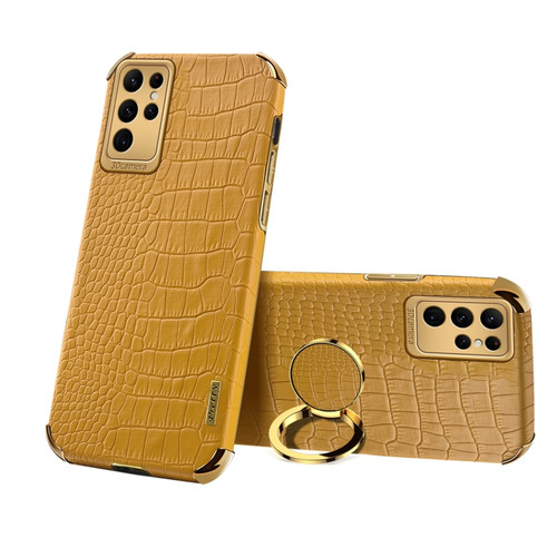 Samsung Galaxy S23 Ultra 5G 6D Electroplating Crocodile Texture Phone Case With Holder - Brown