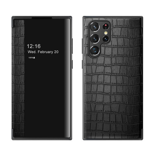 Samsung Galaxy S23 Ultra 5G Crocodile Texture Window View Leather Phone Case - Black