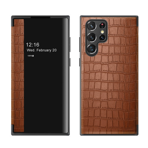 Samsung Galaxy S23 Ultra 5G Crocodile Texture Window View Leather Phone Case - Brown