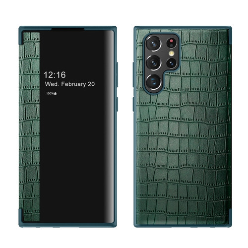 Samsung Galaxy S23 Ultra 5G Crocodile Texture Window View Leather Phone Case - Green