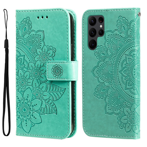 Samsung Galaxy S23 Ultra 5G 7-petal Flowers Embossing Leather Phone Case - Green