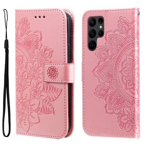 Samsung Galaxy S23 Ultra 5G 7-petal Flowers Embossing Leather Phone Case - Rose Gold