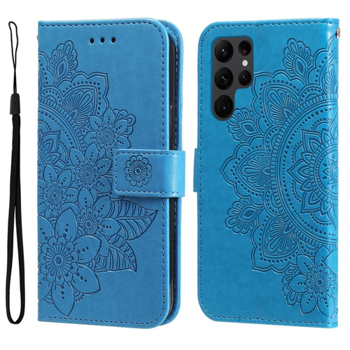 Samsung Galaxy S23 Ultra 5G 7-petal Flowers Embossing Leather Phone Case - Blue