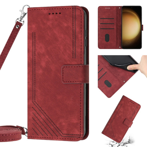 Samsung Galaxy S23 Ultra 5G Skin Feel Stripe Pattern Leather Phone Case with Lanyard - Red