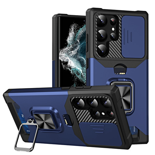 Samsung Galaxy S23 Ultra 5G Sliding Camshield Phone Case with Ring Holder & Card Slot - Blue