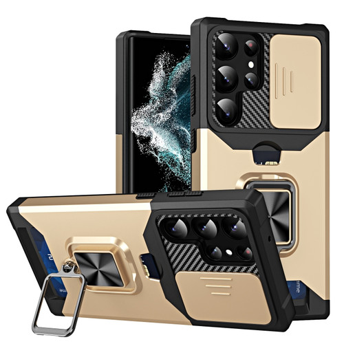 Samsung Galaxy S23 Ultra 5G Sliding Camshield Phone Case with Ring Holder & Card Slot - Gold