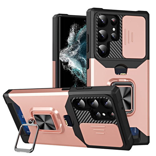 Samsung Galaxy S23 Ultra 5G Sliding Camshield Phone Case with Ring Holder & Card Slot - Rose Gold