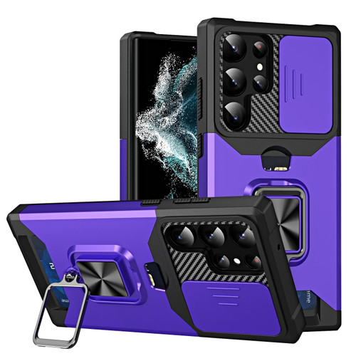 Samsung Galaxy S23 Ultra 5G Sliding Camshield Phone Case with Ring Holder & Card Slot - Purple