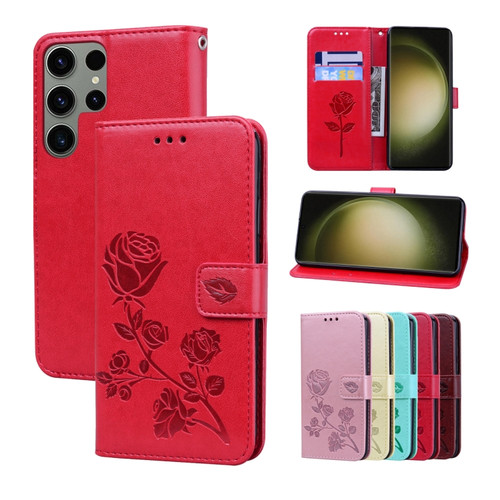 Samsung Galaxy S23 Ultra 5G Rose Embossed Flip PU Leather Phone Case - Red