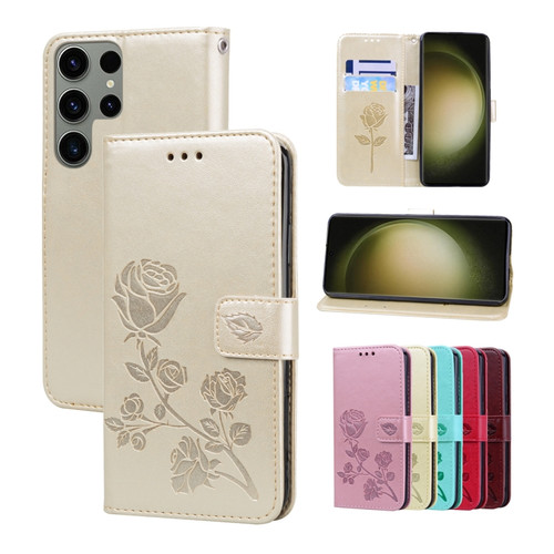 Samsung Galaxy S23 Ultra 5G Rose Embossed Flip PU Leather Phone Case - Gold