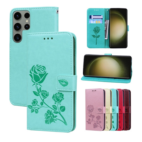 Samsung Galaxy S23 Ultra 5G Rose Embossed Flip PU Leather Phone Case - Green