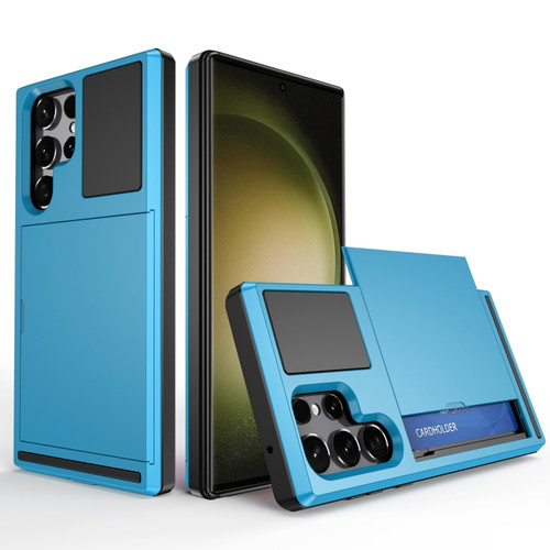 Samsung Galaxy S23 Ultra 5G Multifunction Armor Slide Card Slot Phone Case - Sky Blue