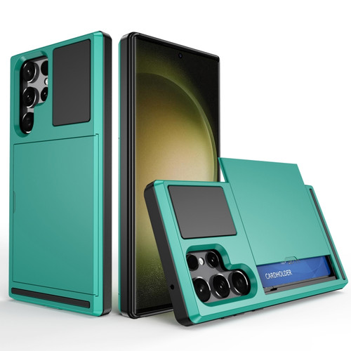Samsung Galaxy S23 Ultra 5G Multifunction Armor Slide Card Slot Phone Case - Green Lake