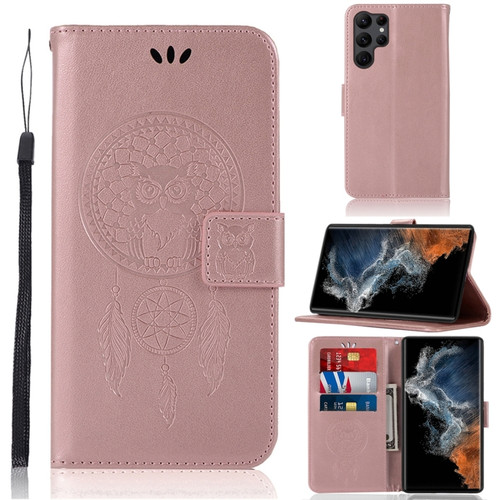 Samsung Galaxy S23 Ultra 5G Global Wind Chime Owl Embossing Pattern Leather Phone Case - Rose Gold