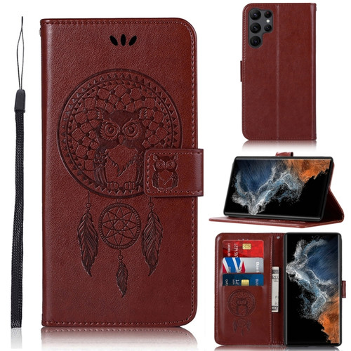 Samsung Galaxy S23 Ultra 5G Global Wind Chime Owl Embossing Pattern Leather Phone Case - Brown