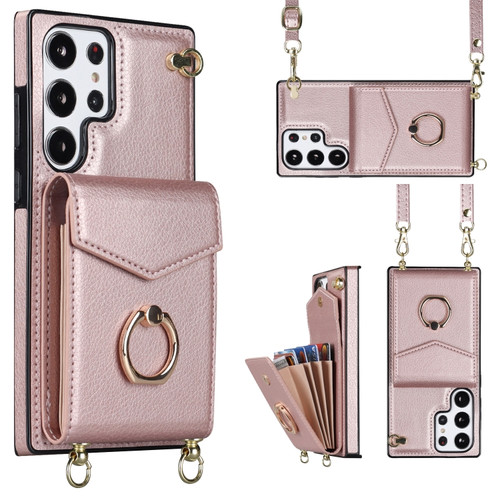 Samsung Galaxy S23 Ultra 5G Ring Holder RFID Card Slot Phone Case with Long Lanyard - Rose Gold