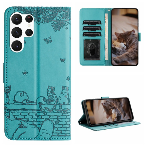 Samsung Galaxy S23 Ultra Cat Embossing Pattern Leather Phone Case with Lanyard - Blue