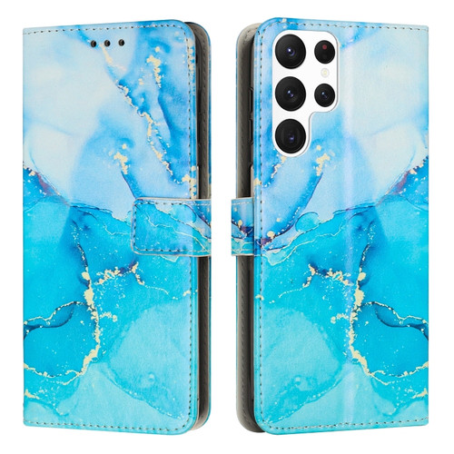 Samsung Galaxy S23 Ultra 5G Painted Marble Pattern Leather Phone Case - Blue Green