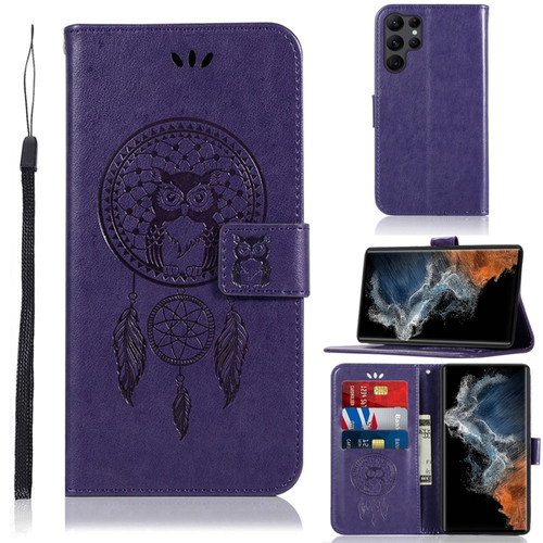 Samsung Galaxy S23 Ultra 5G Global Wind Chime Owl Embossing Pattern Leather Phone Case - Purple