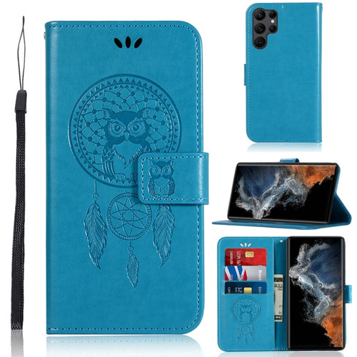 Samsung Galaxy S23 Ultra 5G Global Wind Chime Owl Embossing Pattern Leather Phone Case - Blue