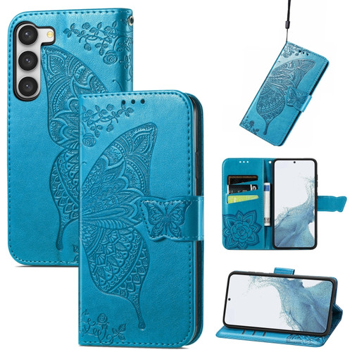 Samsung Galaxy S23 Ultra 5G Butterfly Love Flower Embossed Leather Phone Case - Blue