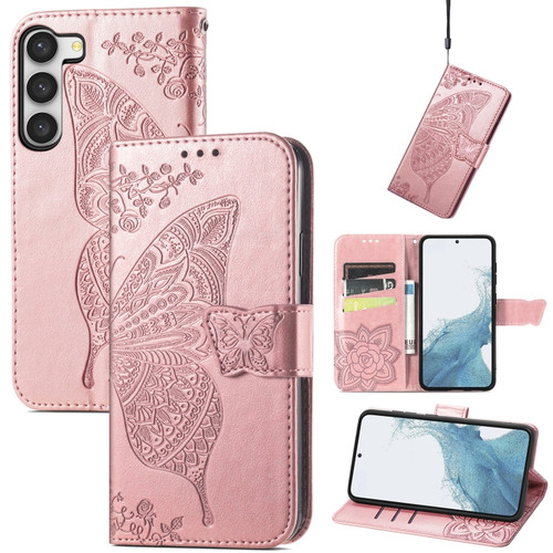 Samsung Galaxy S23 Ultra 5G Butterfly Love Flower Embossed Leather Phone Case - Rose Gold